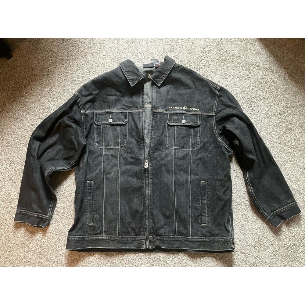 Vintage Y2k Rocawear Distressed Washed Grey Denim Workwear Jacket Size 3XL
